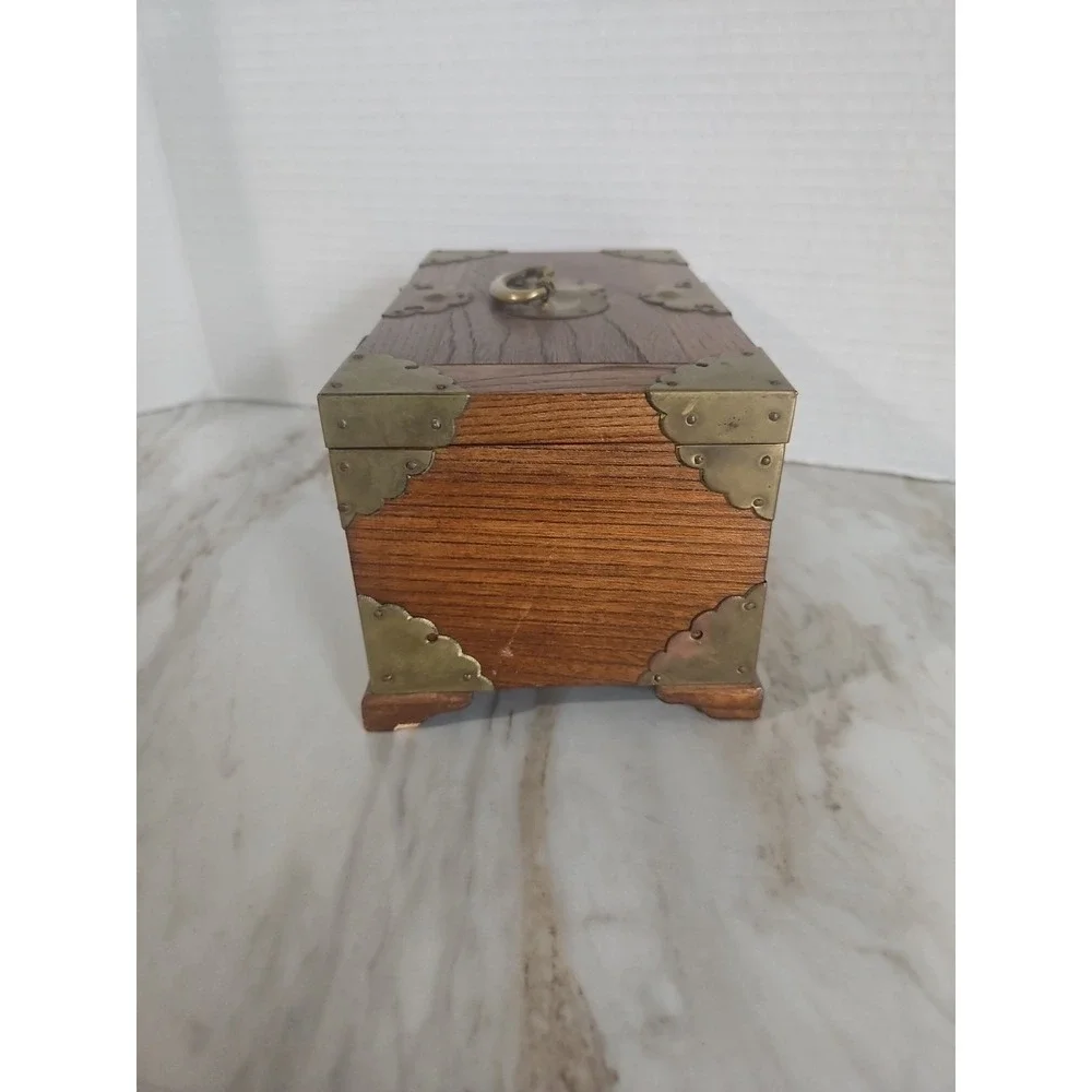Antique Chinese Wood Jewelry Box Ornate Brass Accents Lined Pull Out Shelf